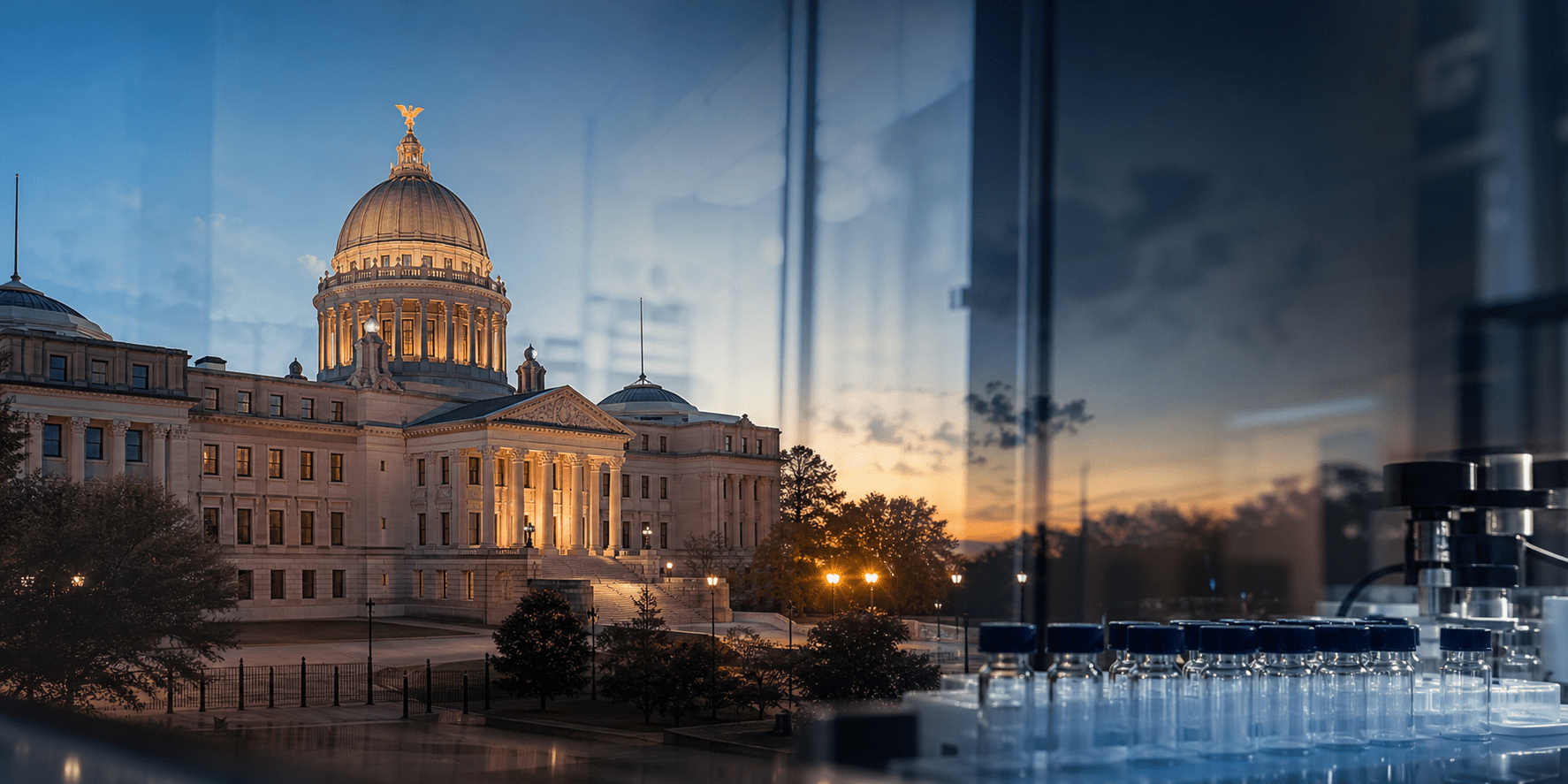 Mississippi State Capitol with pharmaceutical laboratory testing equipment, representing medical cannabis regulation.